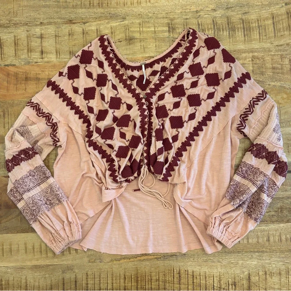 Free People Hometown Tie Front Sweater Top S Embroidered Boho Peasant Oversized